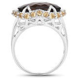 Two Tone Plated 9.58 Carat Genuine Smoky Quartz & Citrine .925 Sterling Silver Ring