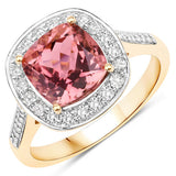 2.71 Carat Genuine Royal Pink Tourmaline and White Diamond 14K Yellow Gold Ring