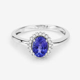 0.86 Carat Genuine Tanzanite and White Diamond 14K White Gold Ring