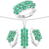 7.80 Carat Genuine Zambian Emerald .925 Sterling Silver 3 Piece Jewelry Set (Ring, Earrings, and Pendant w/ Chain)