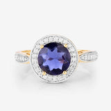 1.79 Carat Genuine Iolite and White Diamond 14K Yellow Gold Ring