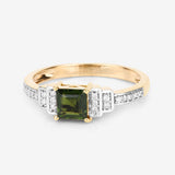 0.72 Carat Genuine Green Tourmaline and White Diamond 14K Yellow Gold Ring