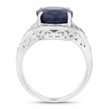 6.52 Carat Genuine Blue Sapphire and White Diamond 14K White Gold Ring