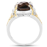 3.28 Carat Genuine Smoky Quartz and Yellow Diamond .925 Sterling Silver Ring