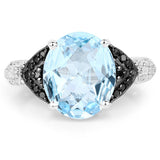5.37 Carat Genuine Swiss Blue Topaz, Black Diamond & White Topaz .925 Sterling Silver Ring
