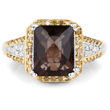 3.48 Carat Genuine Smoky Quartz, Yellow Diamond and White Diamond .925 Sterling Silver Ring