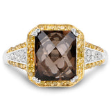 3.48 Carat Genuine Smoky Quartz, Yellow Diamond and White Diamond .925 Sterling Silver Ring
