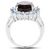 6.79 Carat Genuine Smoky Quartz & Blue Topaz .925 Sterling Silver Ring