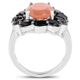 7.88 Carat Genuine Peach Moonstone and Black Spinel .925 Sterling Silver Ring