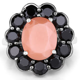7.88 Carat Genuine Peach Moonstone and Black Spinel .925 Sterling Silver Ring
