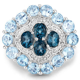 6.54 Carat Genuine London Blue Topaz, Blue Topaz and White Topaz .925 Sterling Silver Ring
