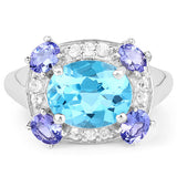 4.13 Carat Genuine Swiss Blue Topaz, Tanzanite & White Topaz .925 Sterling Silver Ring