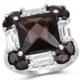 7.43 Carat Genuine Smoky Quartz & White Topaz .925 Sterling Silver Ring