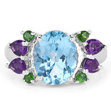 4.00 Carat Genuine Swiss Blue Topaz, Chrome Diopside & Amethyst .925 Sterling Silver Ring