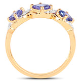 14K Yellow Gold Plated 1.20 Carat Genuine Tanzanite and White Topaz .925 Sterling Silver Ring