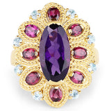 14K Yellow Gold Plated 6.80 Carat Genuine Amethyst, Rhodolite & Blue Topaz .925 Sterling Silver Ring