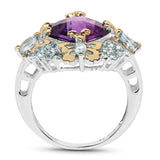 Two Tone Plated 4.45 Carat Genuine Amethyst & Blue Topaz .925 Sterling Silver Ring